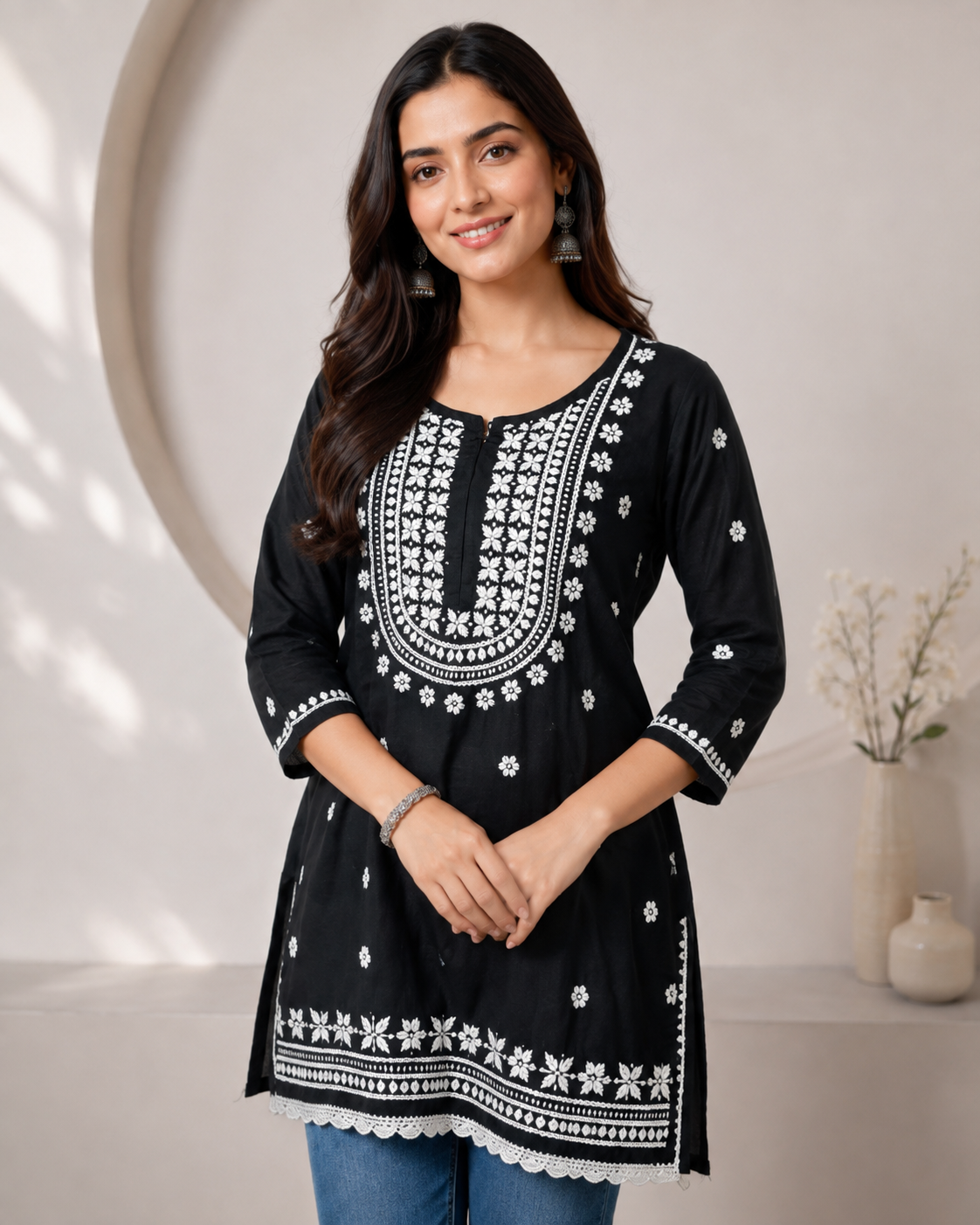 Premium Black Rayon Chikankari Short Kurti for Women
