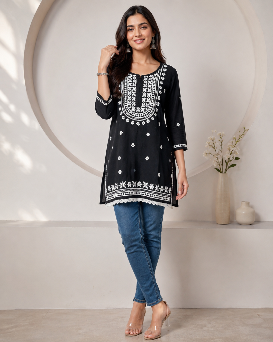Premium Black Rayon Chikankari Short Kurti for Women