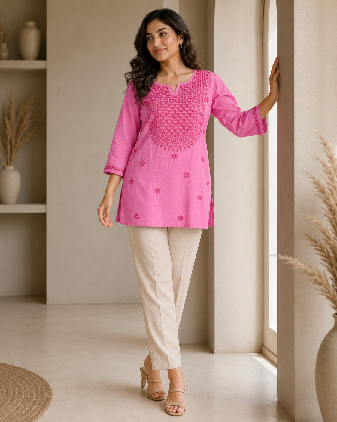 Premium Bright Pink Tonal Chikankari Short Kurti for Women