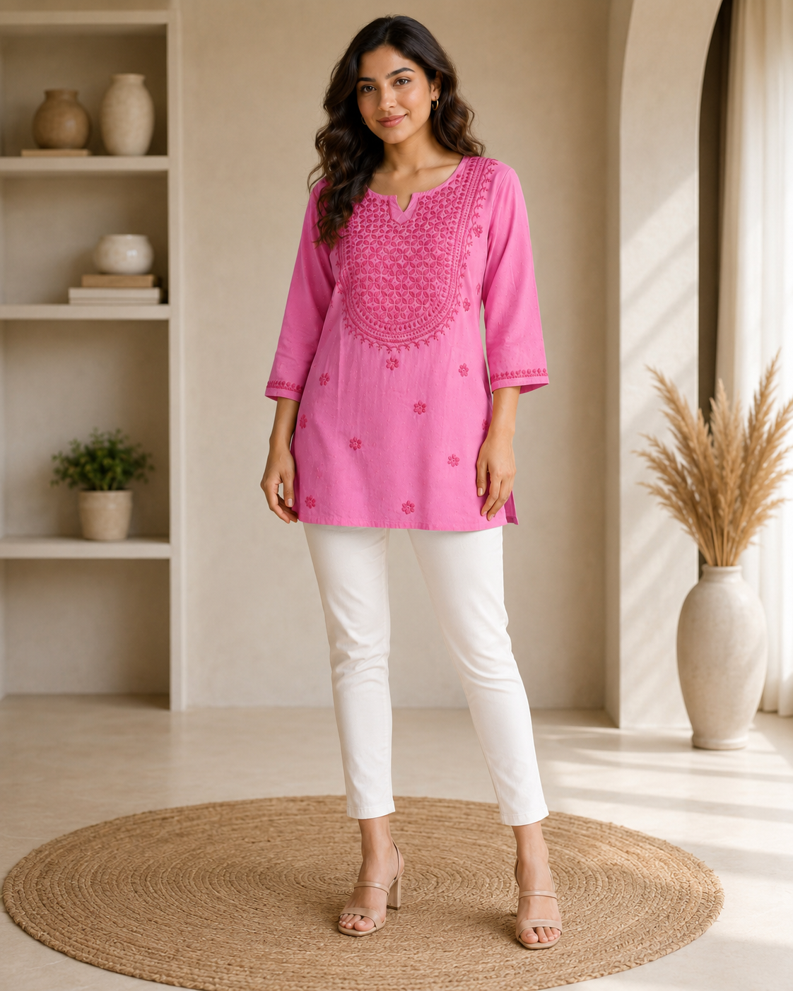 Premium Bright Pink Tonal Chikankari Short Kurti for Women