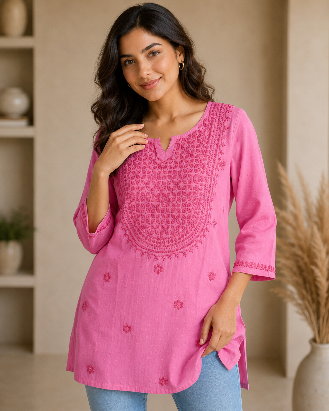 Premium Bright Pink Tonal Chikankari Short Kurti for Women