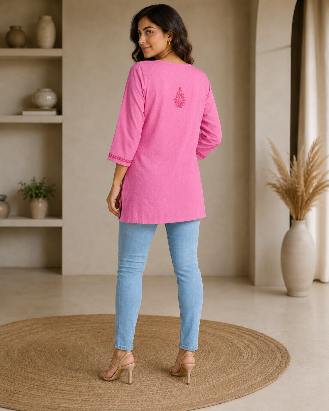 Premium Bright Pink Tonal Chikankari Short Kurti for Women