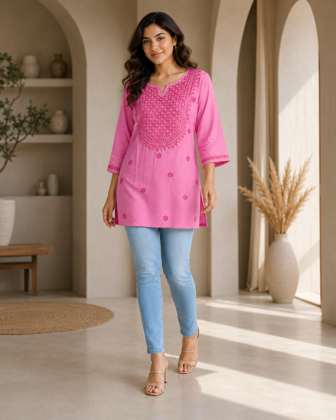 Premium Bright Pink Tonal Chikankari Short Kurti for Women