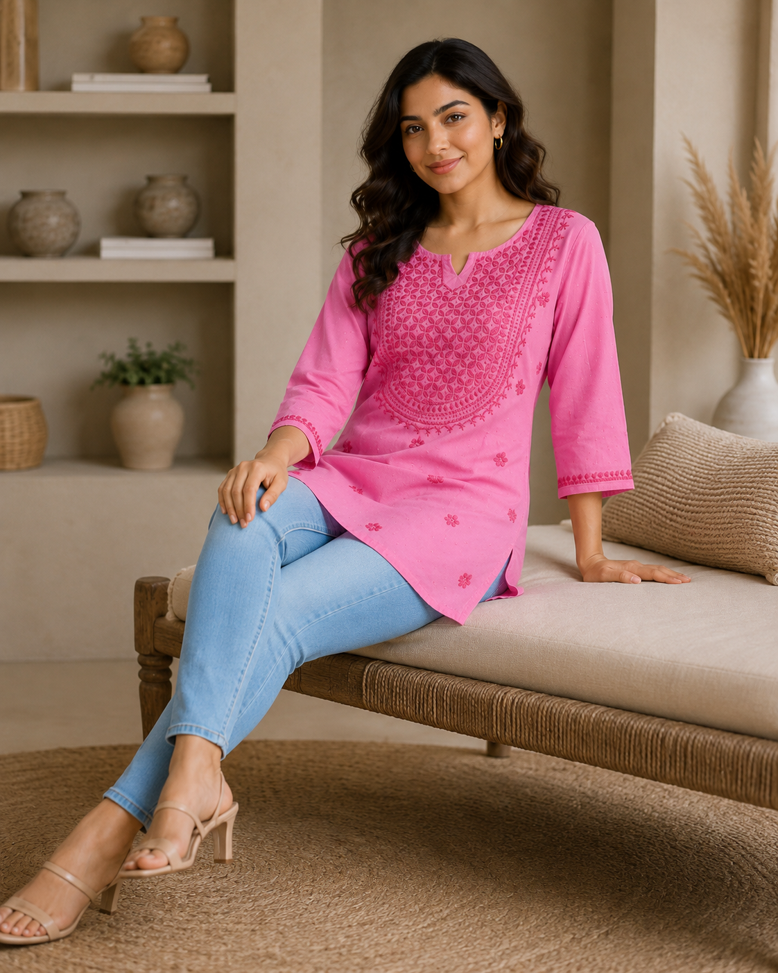 Premium Bright Pink Tonal Chikankari Short Kurti for Women
