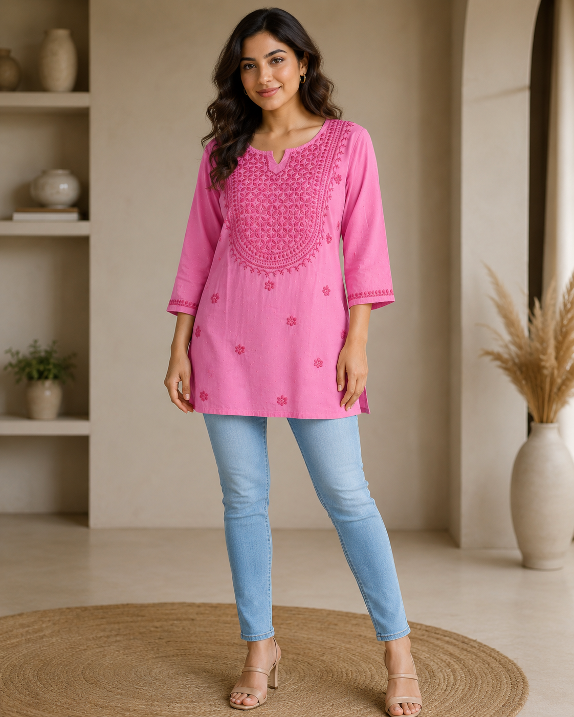 Premium Bright Pink Tonal Chikankari Short Kurti for Women