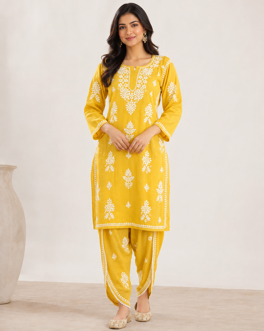 Premium Bright Yellow Rayon Chikankari Kurta & Salwar Co-ord Set