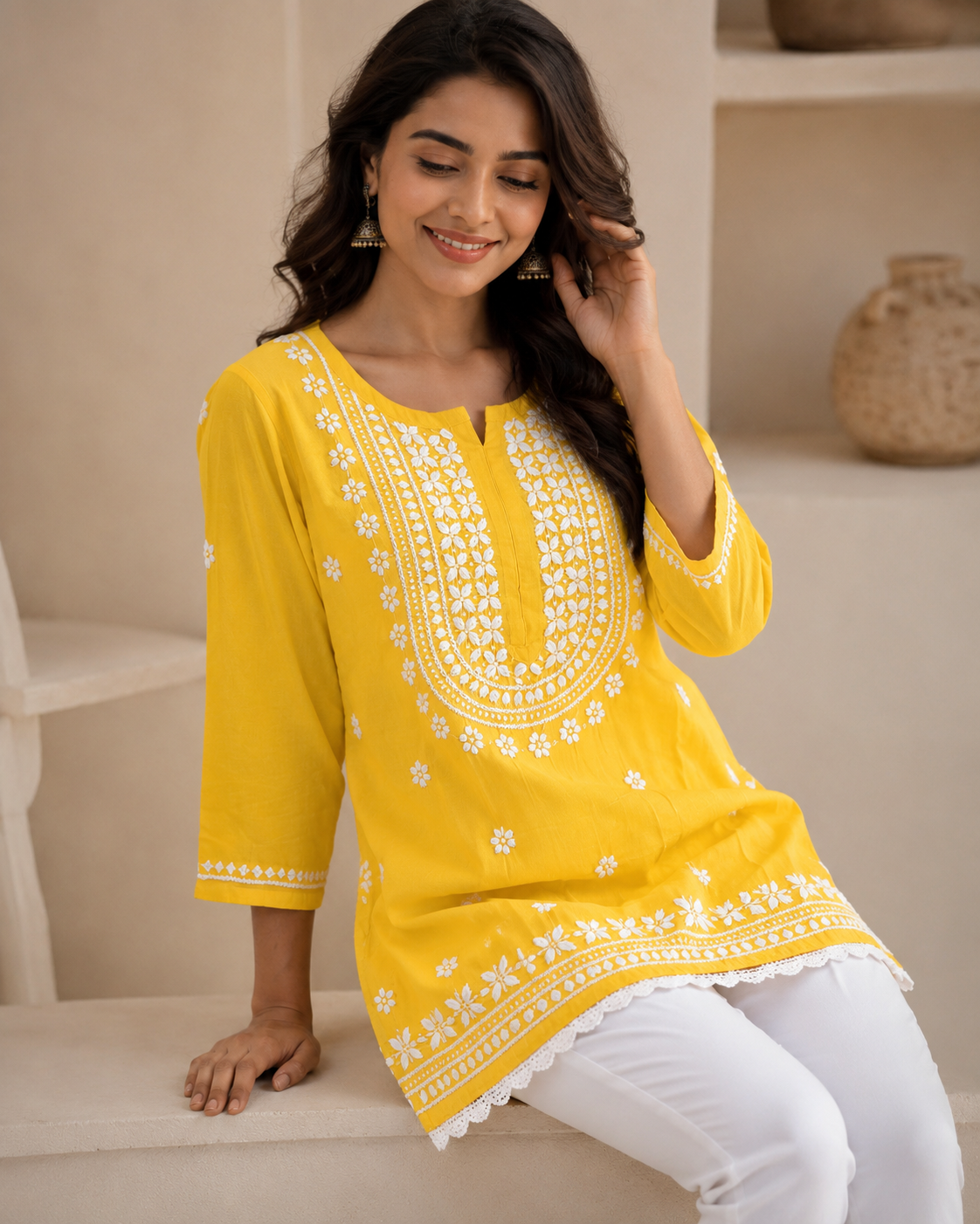 Premium Bright Yellow Rayon Chikankari Short Kurti for Women
