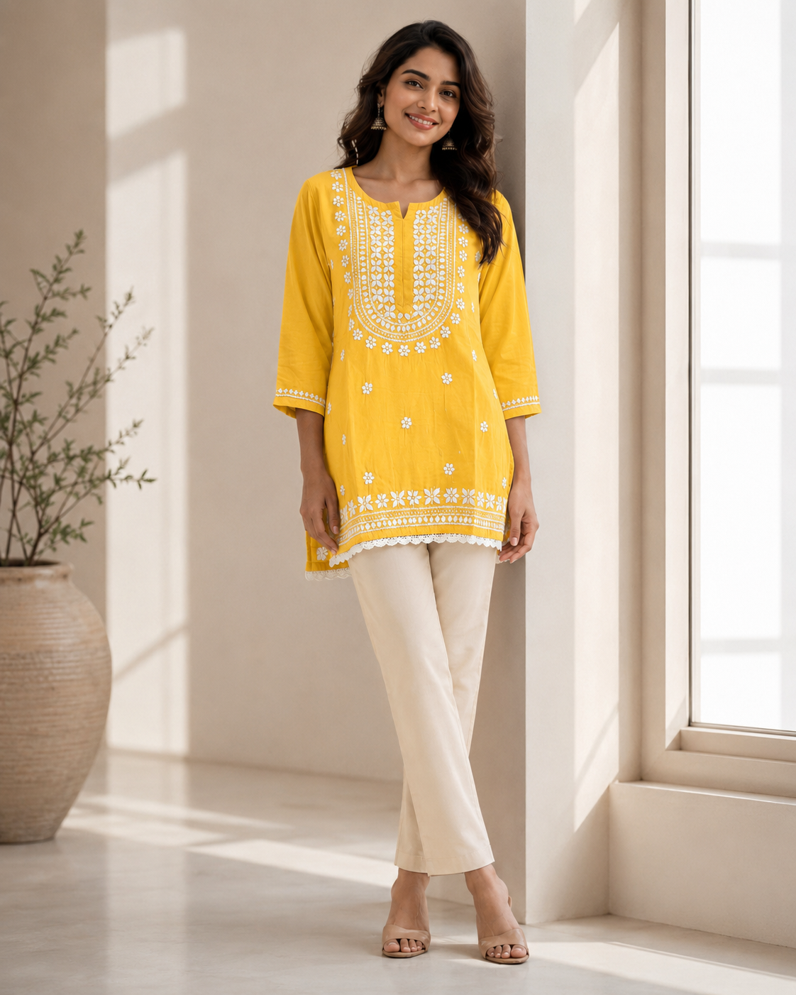 Premium Bright Yellow Rayon Chikankari Short Kurti for Women