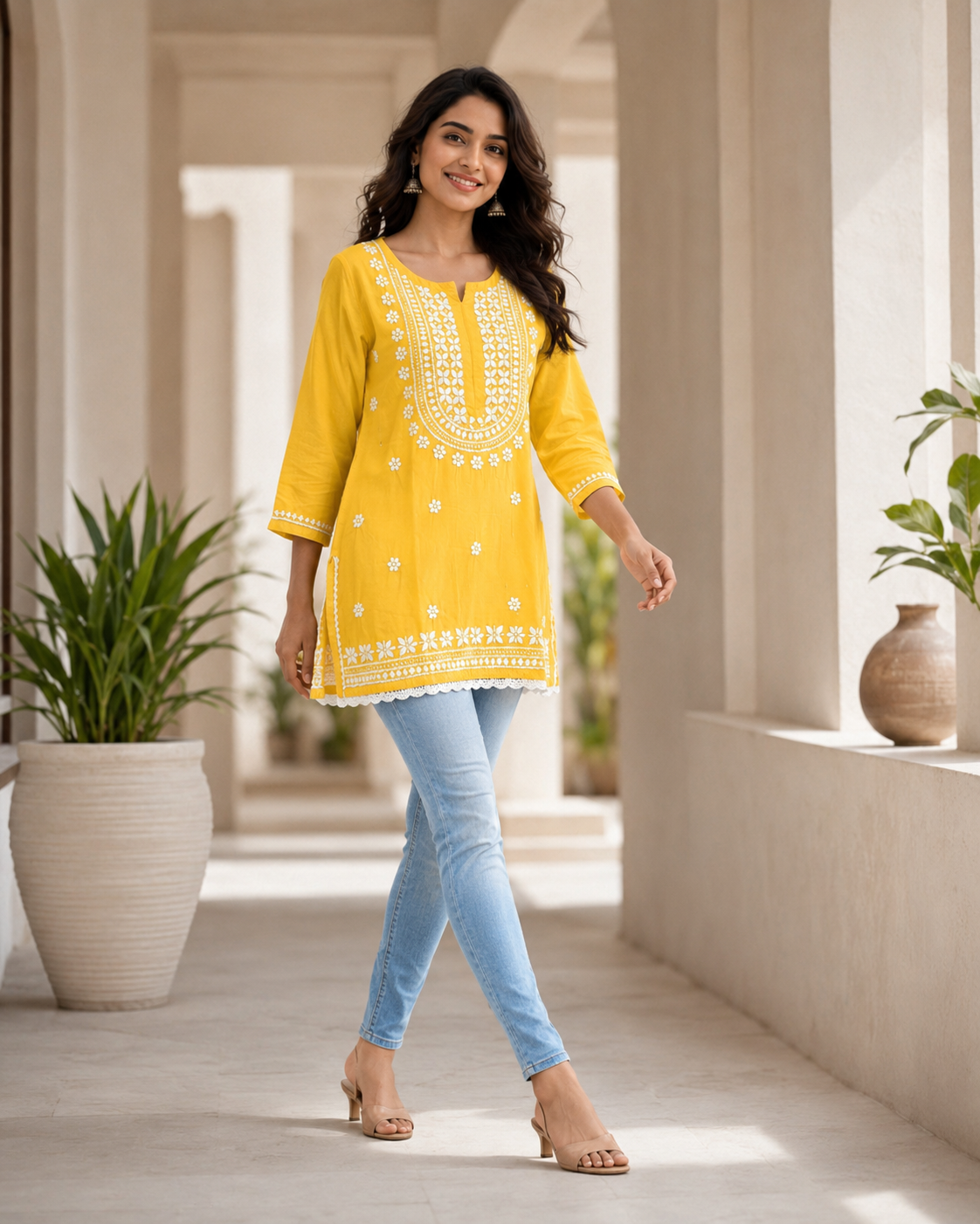 Premium Bright Yellow Rayon Chikankari Short Kurti for Women