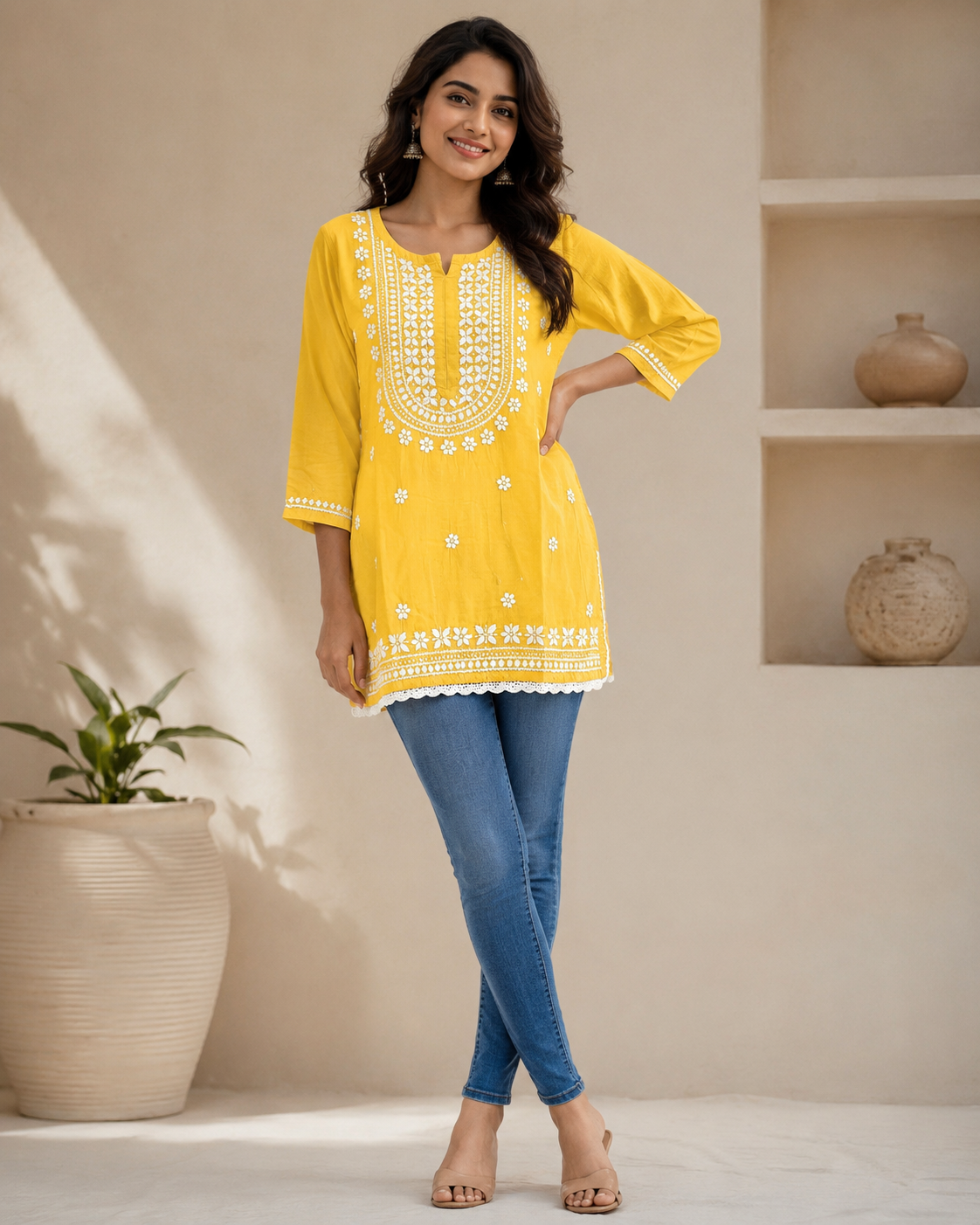 Premium Bright Yellow Rayon Chikankari Short Kurti for Women