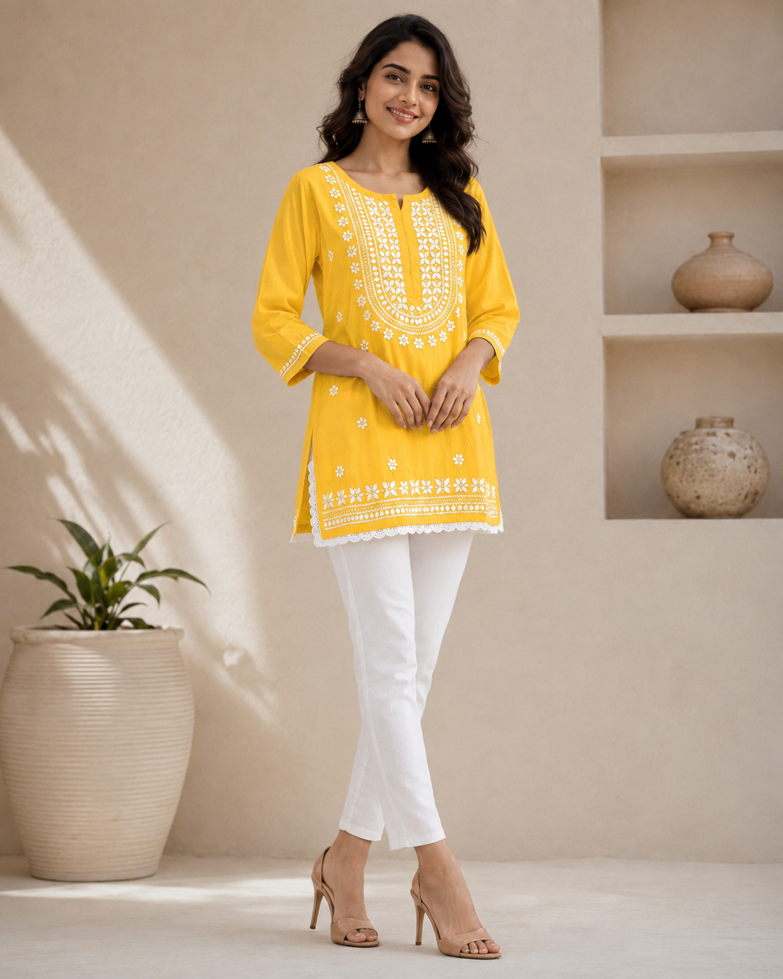 Premium Bright Yellow Rayon Chikankari Short Kurti for Women