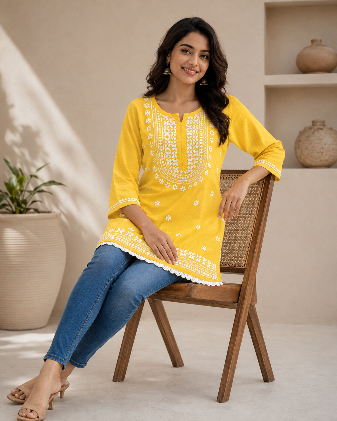 Premium Bright Yellow Rayon Chikankari Short Kurti for Women