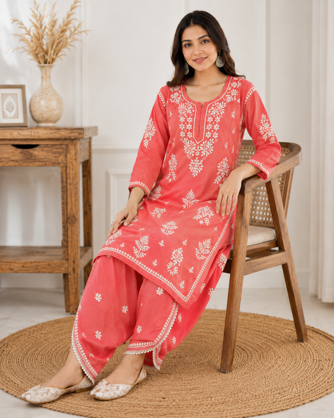 Premium Coral Pink Rayon Chikankari Kurta & Salwar Co-ord Set
