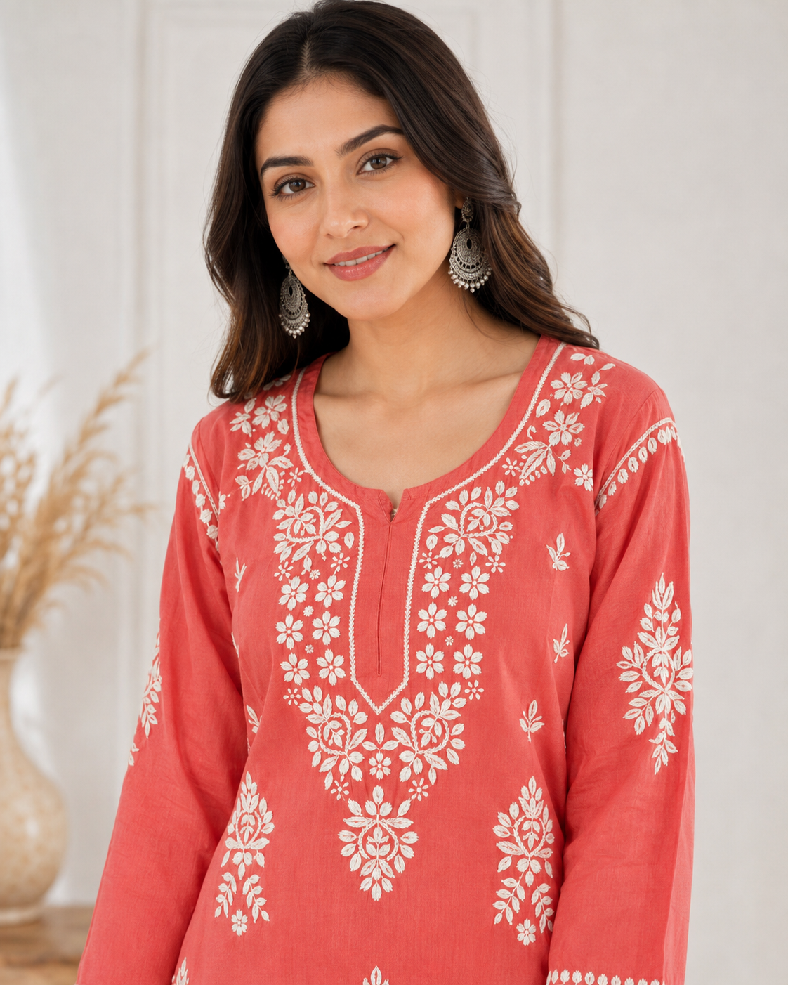 Premium Coral Pink Rayon Chikankari Kurta & Salwar Co-ord Set