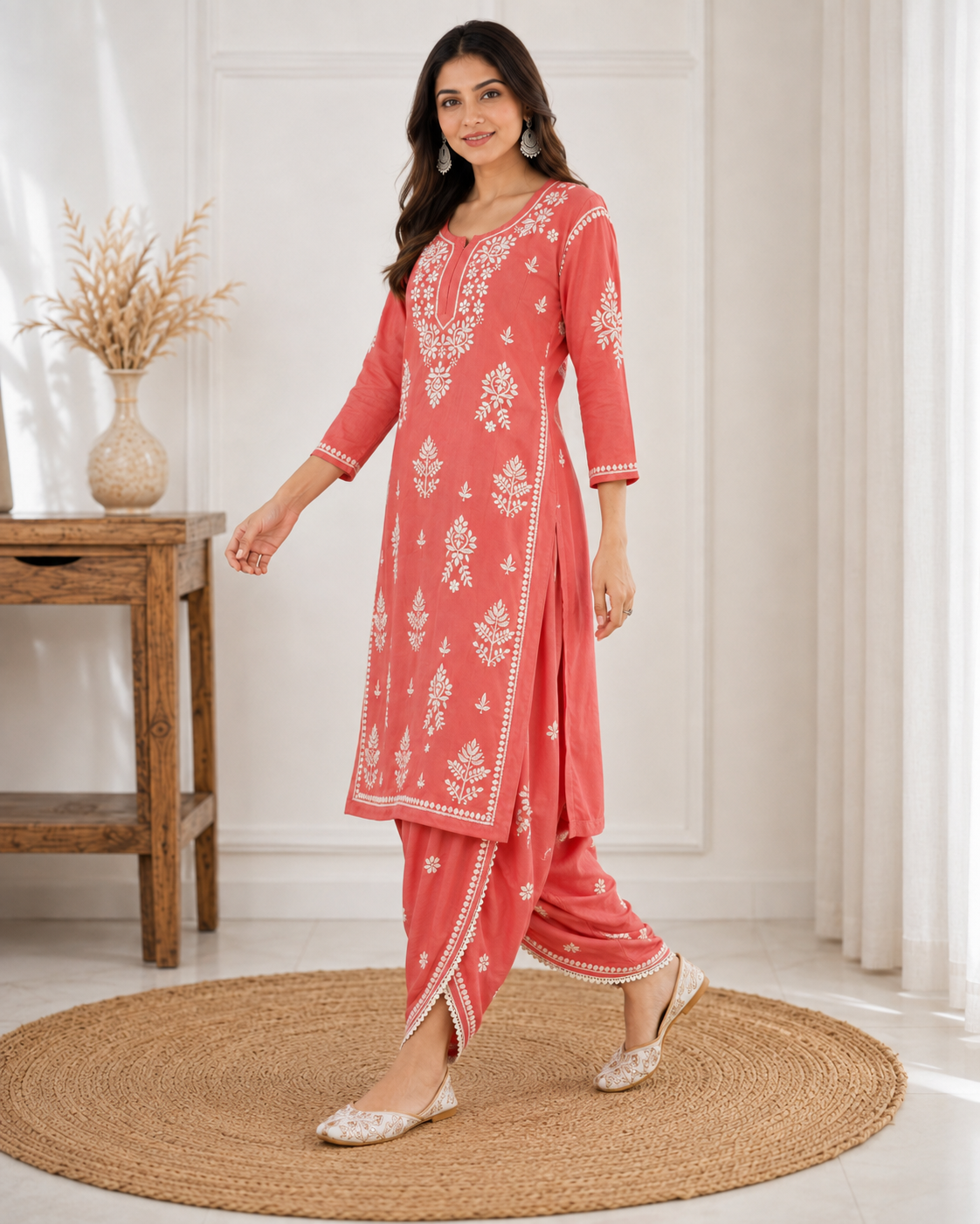 Premium Coral Pink Rayon Chikankari Kurta & Salwar Co-ord Set