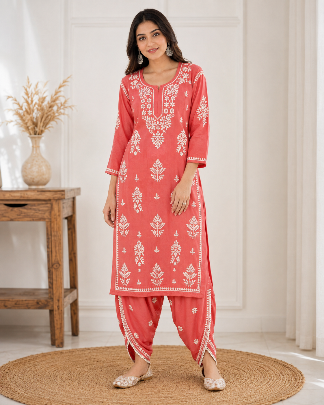 Premium Coral Pink Rayon Chikankari Kurta & Salwar Co-ord Set
