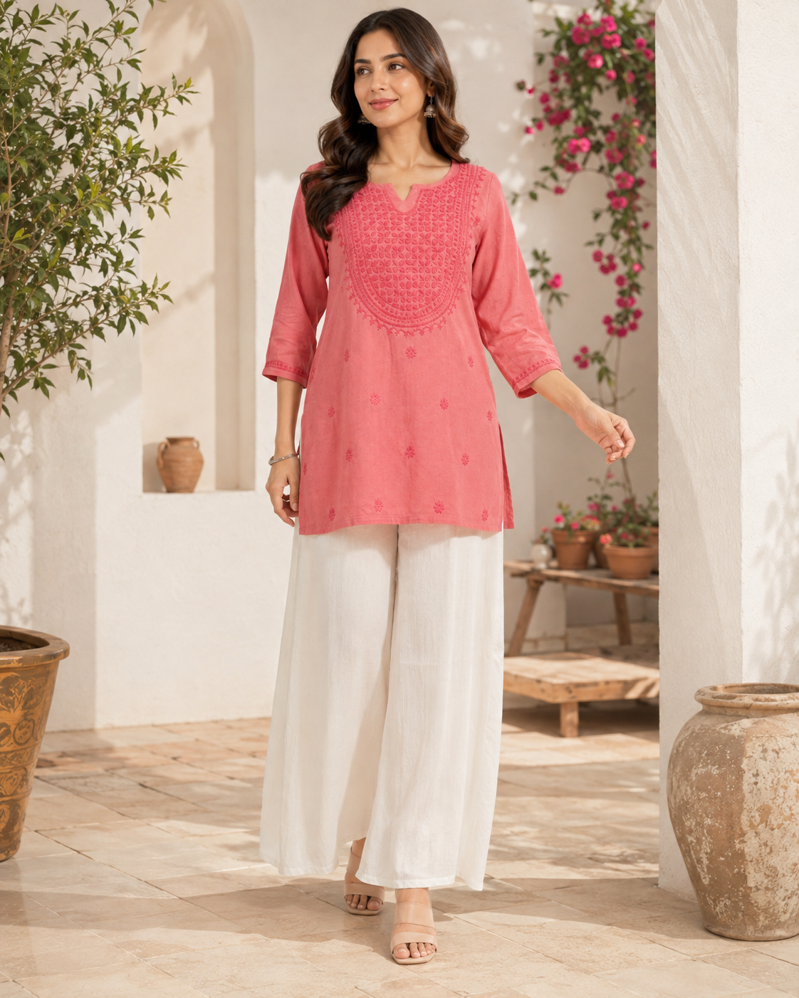 Premium Dusty Pink Rayon Chikankari Short Kurti for Women