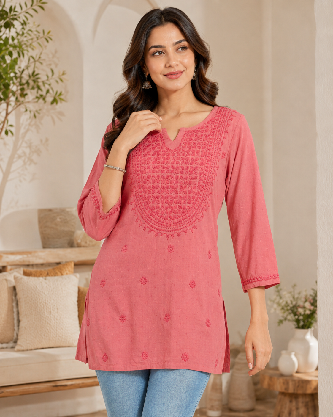 Premium Dusty Pink Rayon Chikankari Short Kurti for Women
