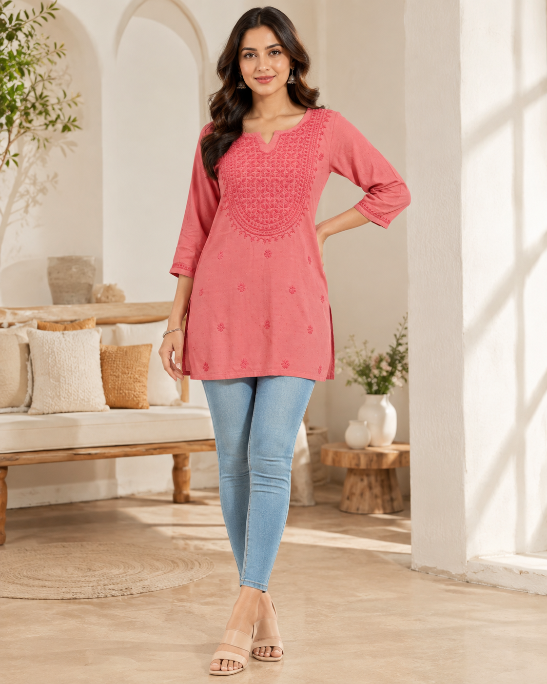 Premium Dusty Pink Rayon Chikankari Short Kurti for Women