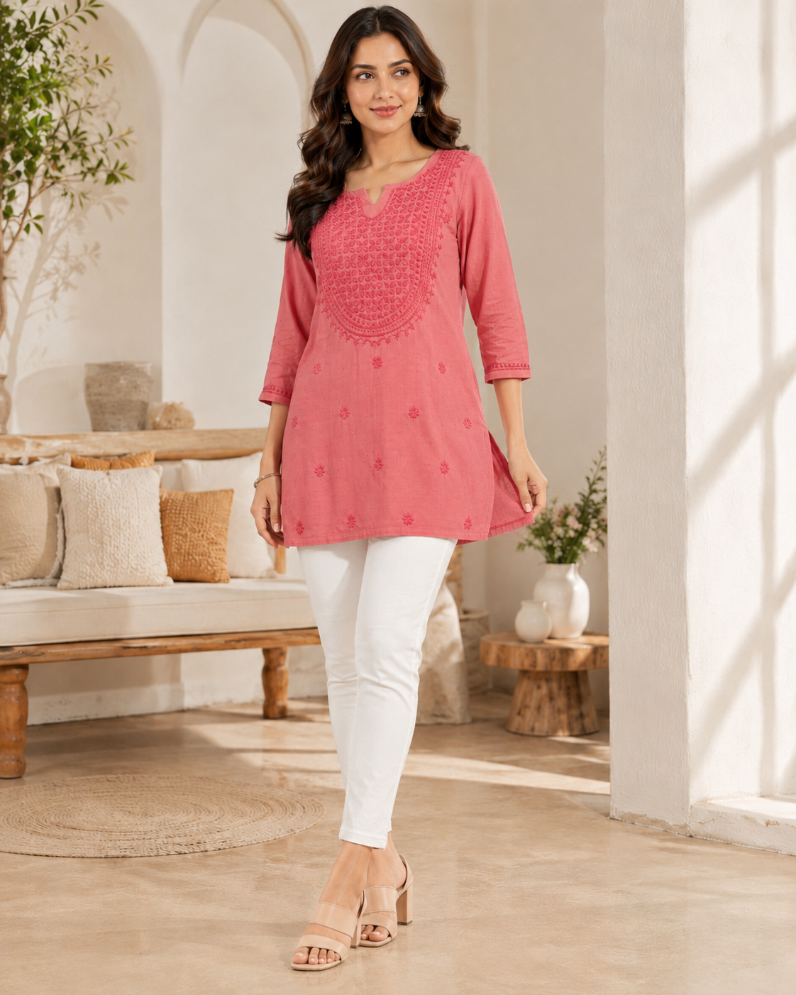Premium Dusty Pink Rayon Chikankari Short Kurti for Women