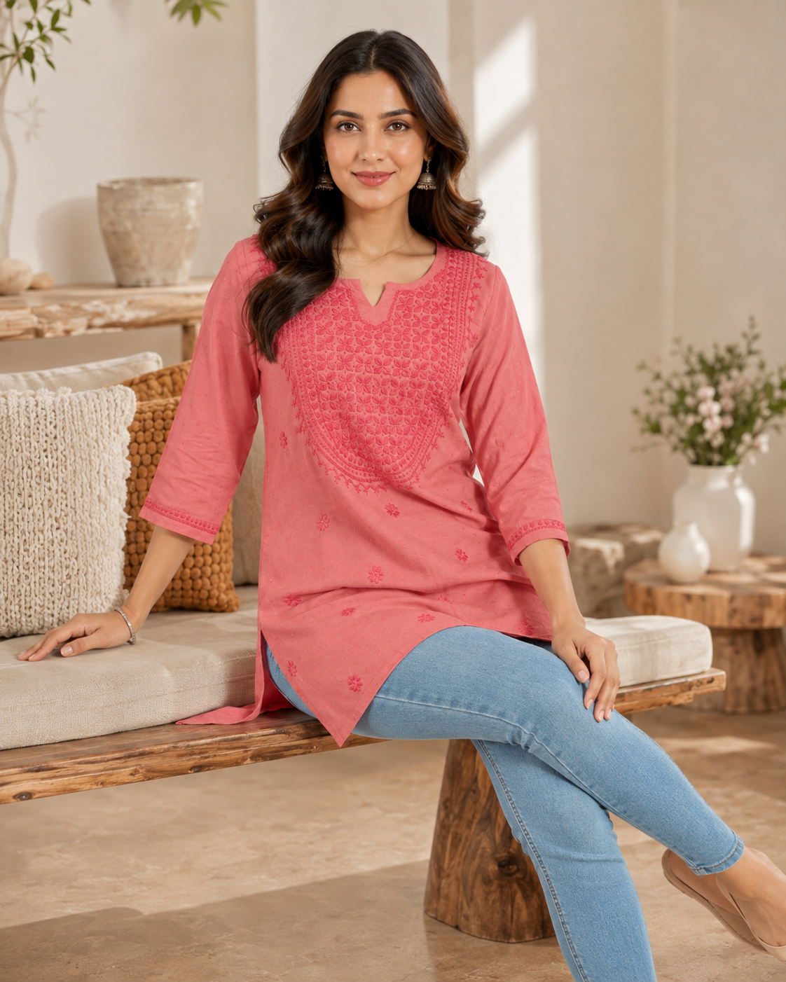 Premium Dusty Pink Rayon Chikankari Short Kurti for Women
