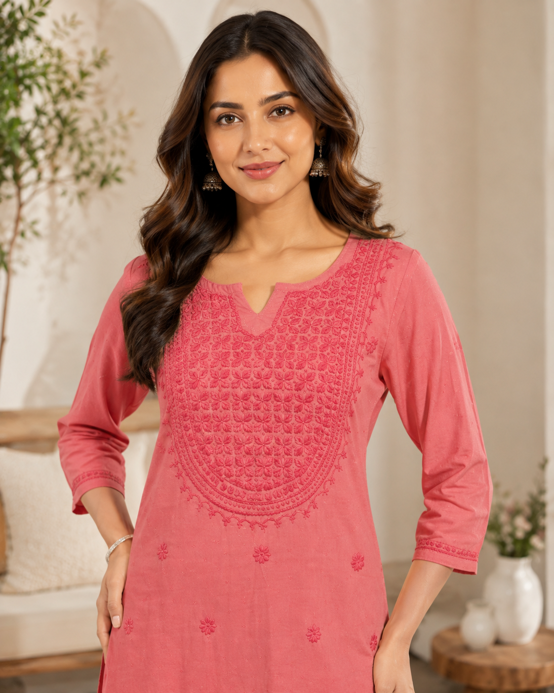 Premium Dusty Pink Rayon Chikankari Short Kurti for Women