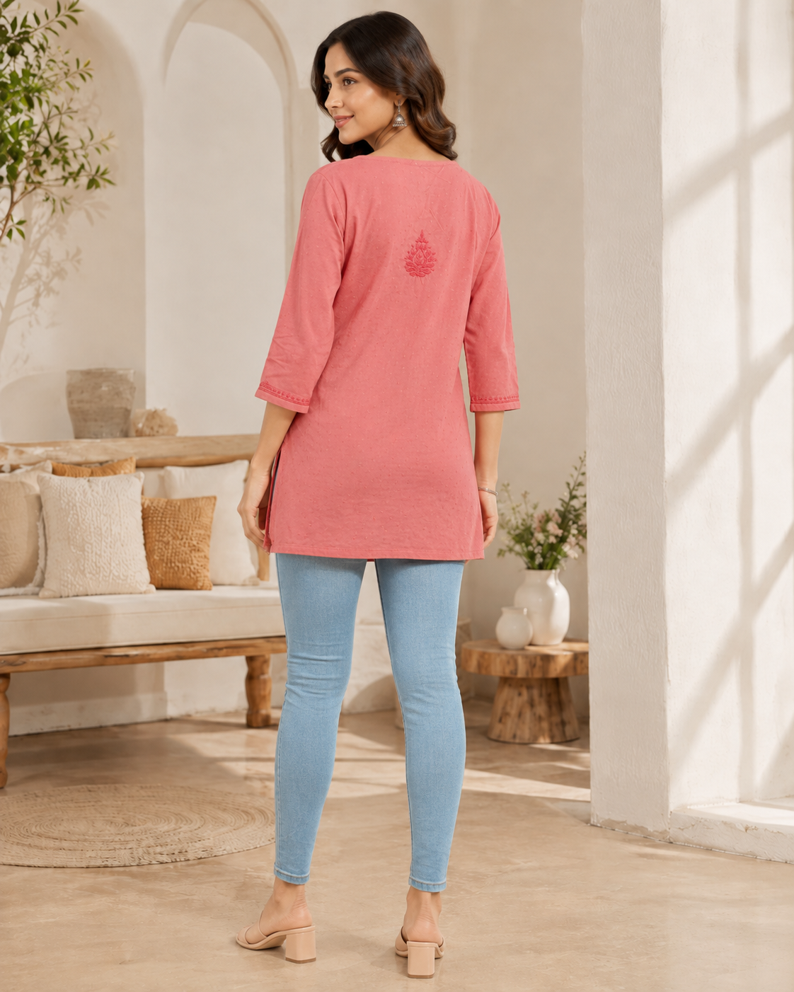 Premium Dusty Pink Rayon Chikankari Short Kurti for Women