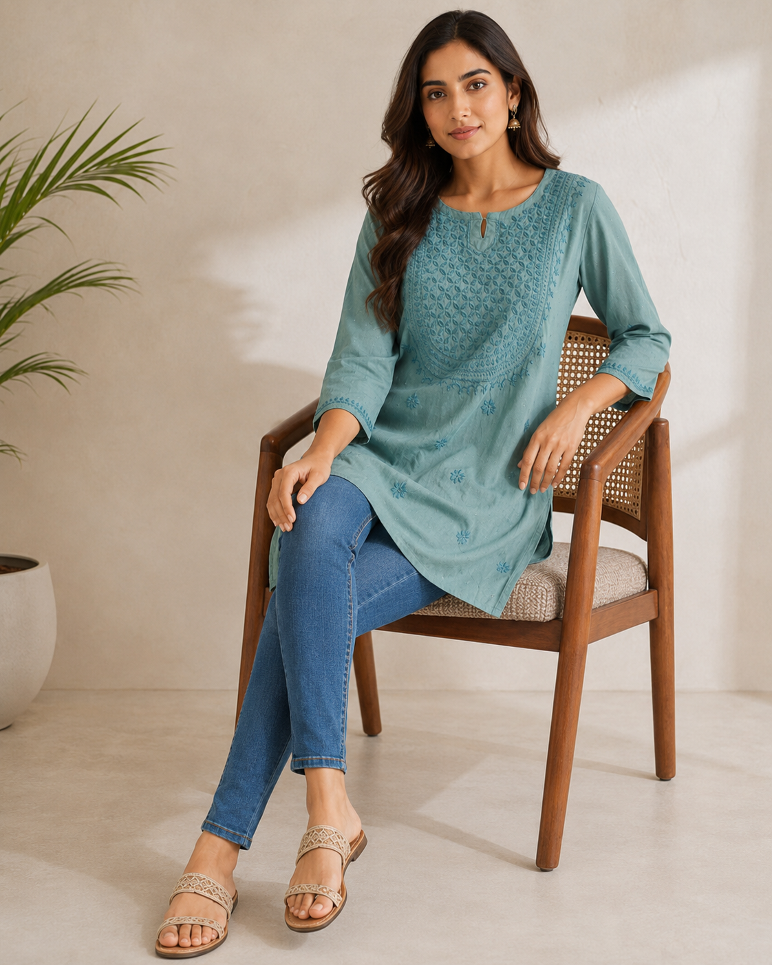 Premium Dusty Teal Rayon Chikankari Short Kurti for Women