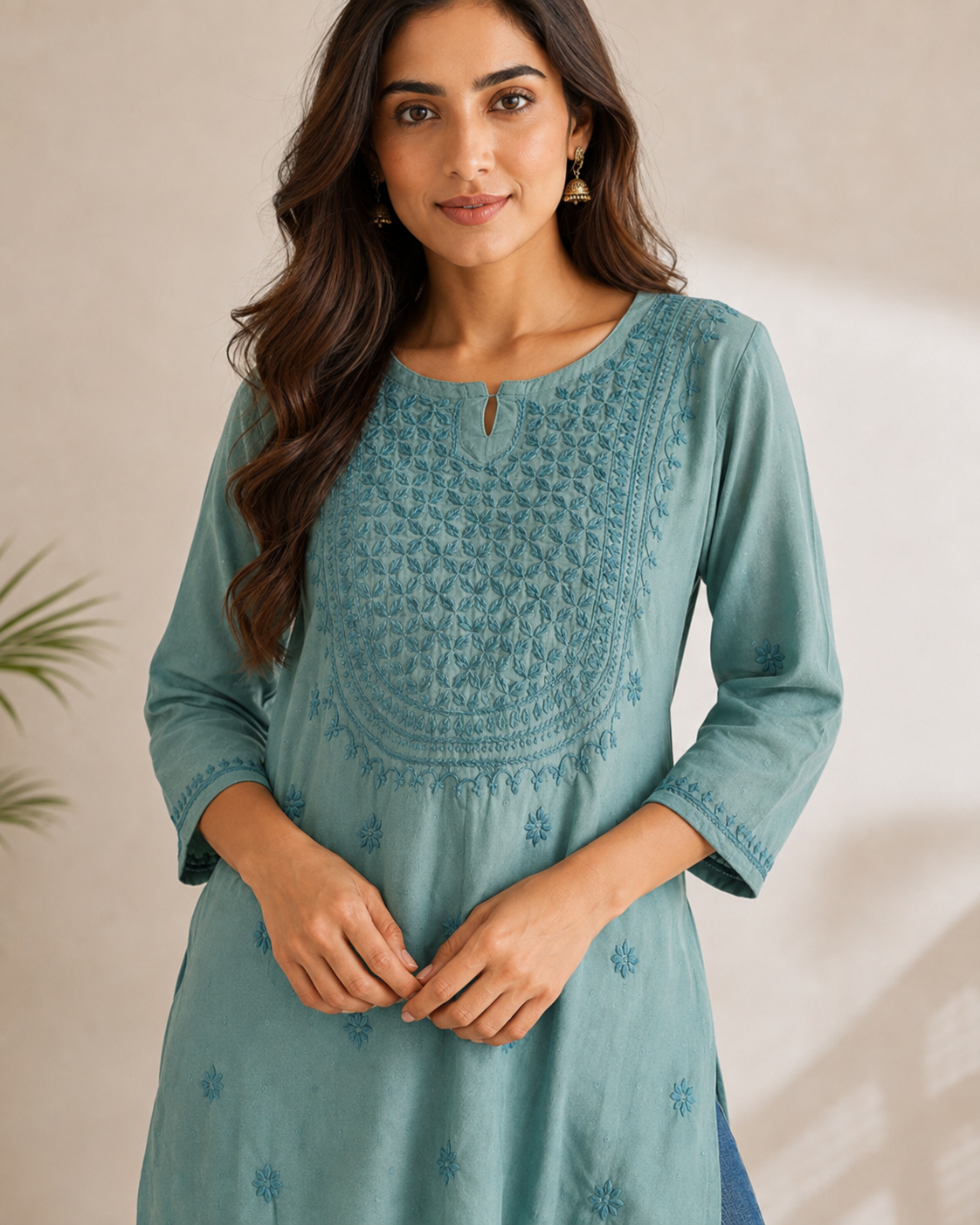 Premium Dusty Teal Rayon Chikankari Short Kurti for Women
