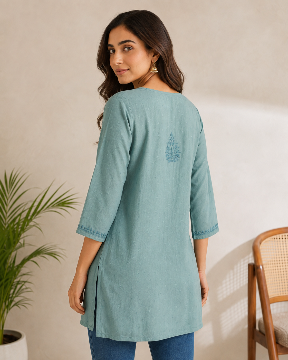 Premium Dusty Teal Rayon Chikankari Short Kurti for Women