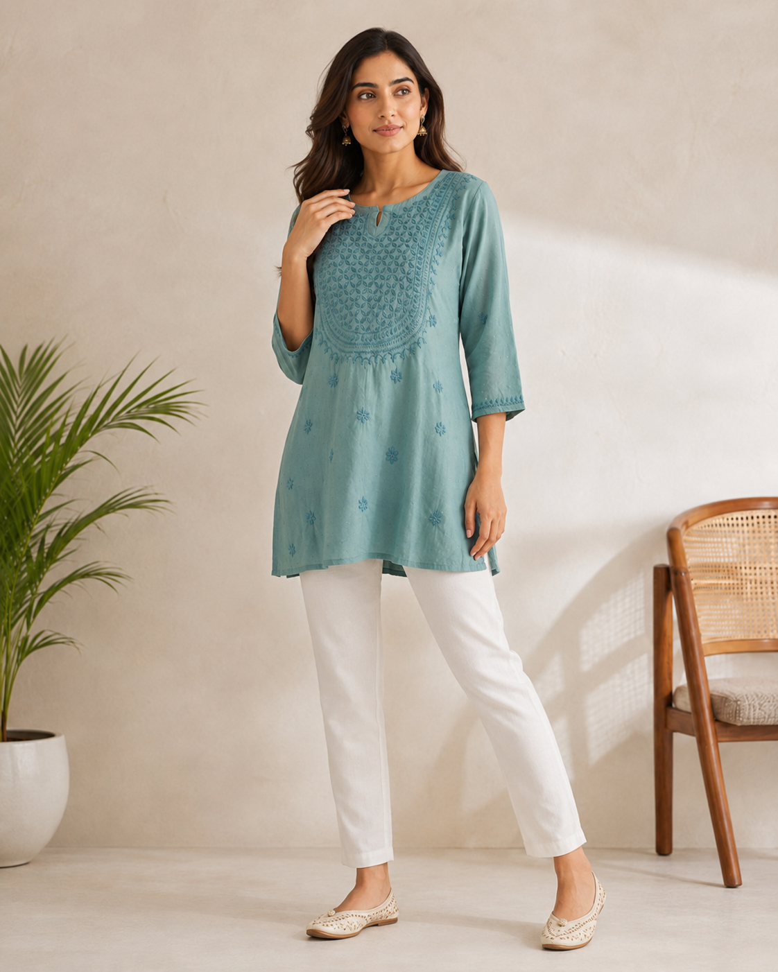 Premium Dusty Teal Rayon Chikankari Short Kurti for Women