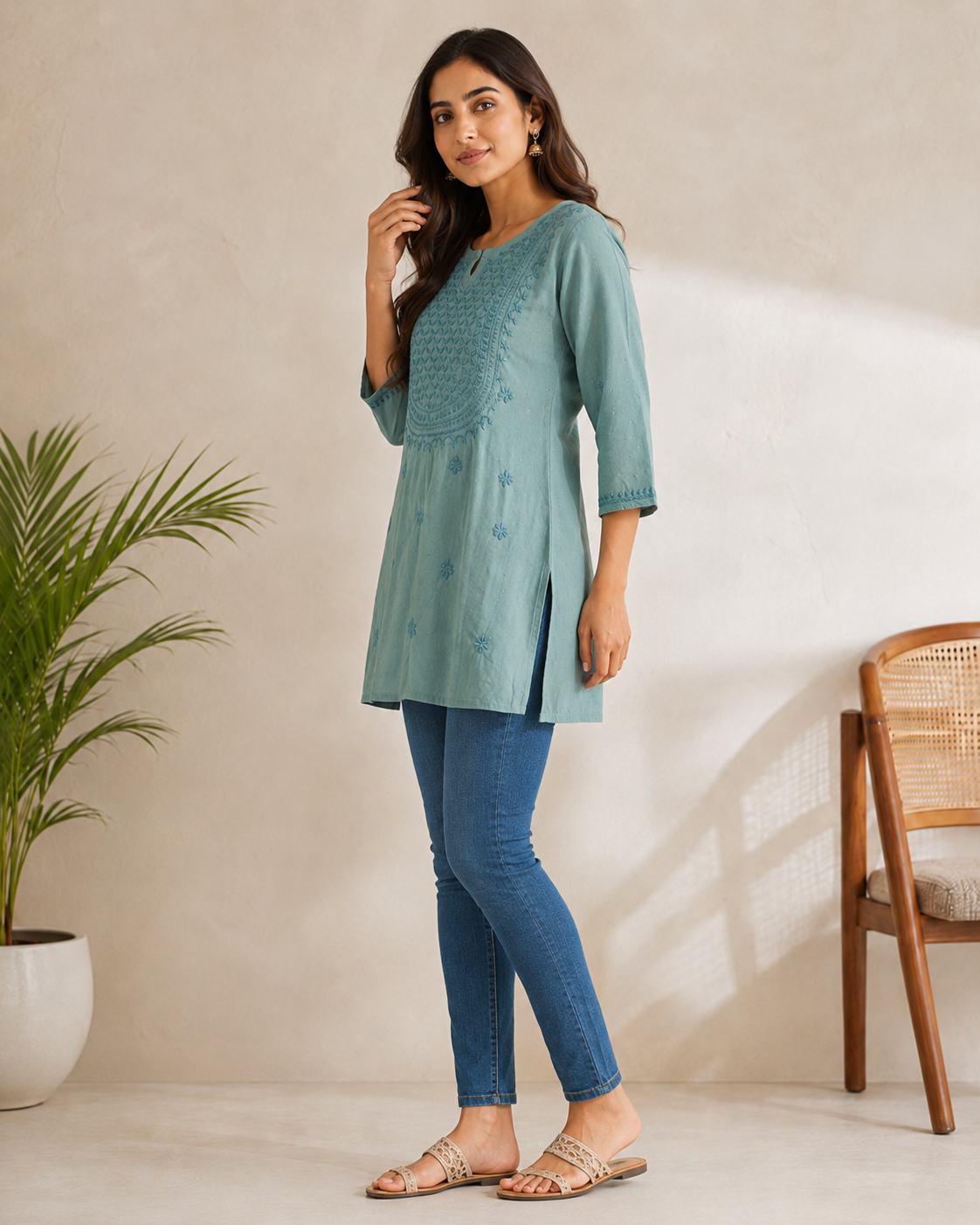Premium Dusty Teal Rayon Chikankari Short Kurti for Women