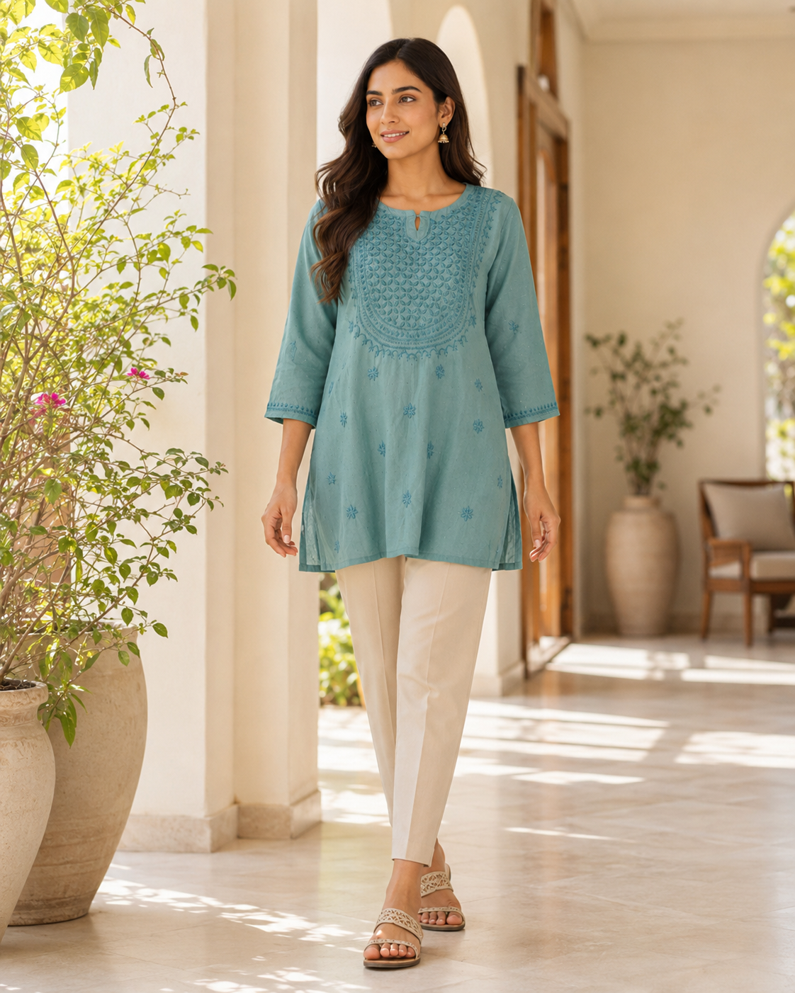Premium Dusty Teal Rayon Chikankari Short Kurti for Women