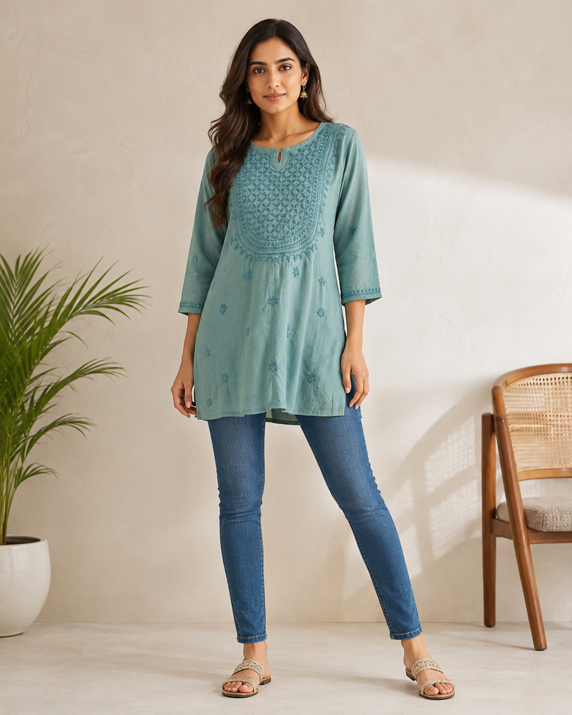 Premium Dusty Teal Rayon Chikankari Short Kurti for Women