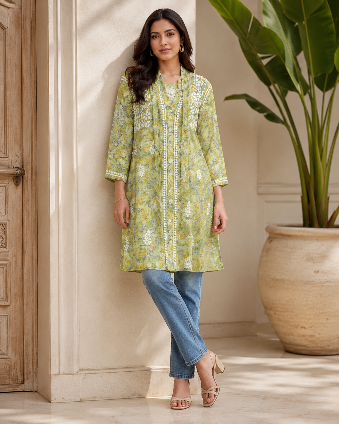 Premium Green Floral Printed Embroidered Kurti for Women