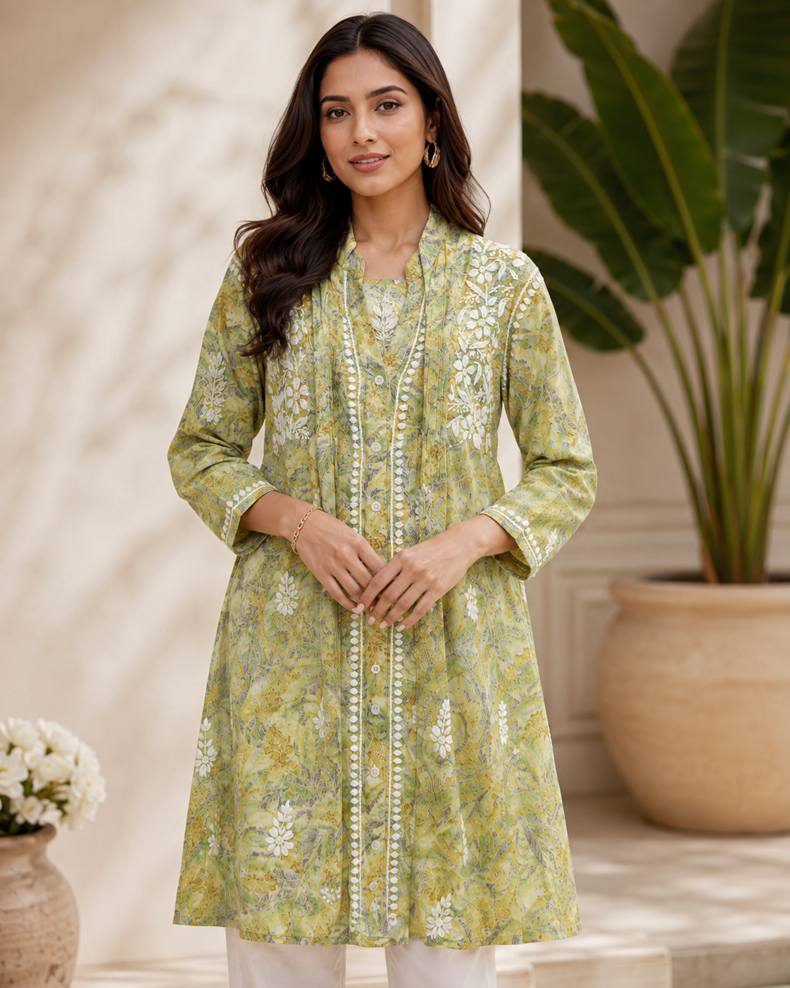 Premium Green Floral Printed Embroidered Kurti for Women