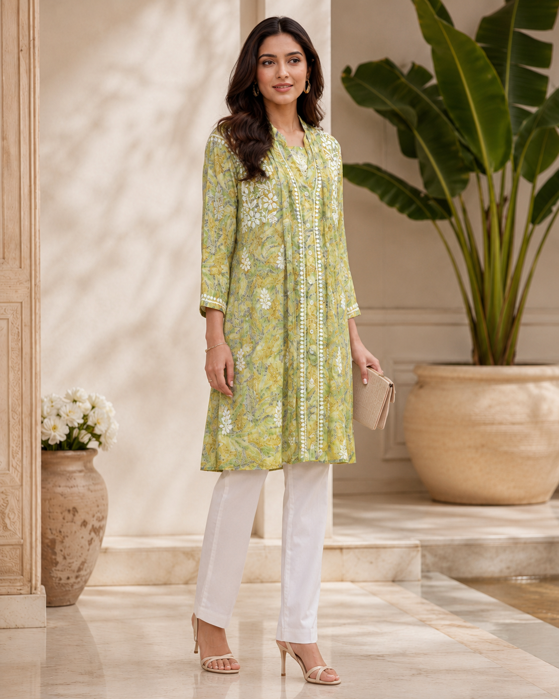 Premium Green Floral Printed Embroidered Kurti for Women