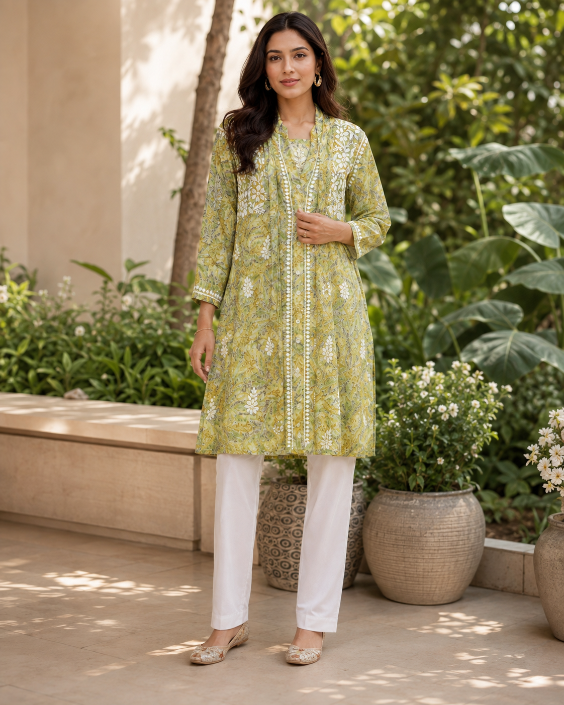 Premium Green Floral Printed Embroidered Kurti for Women