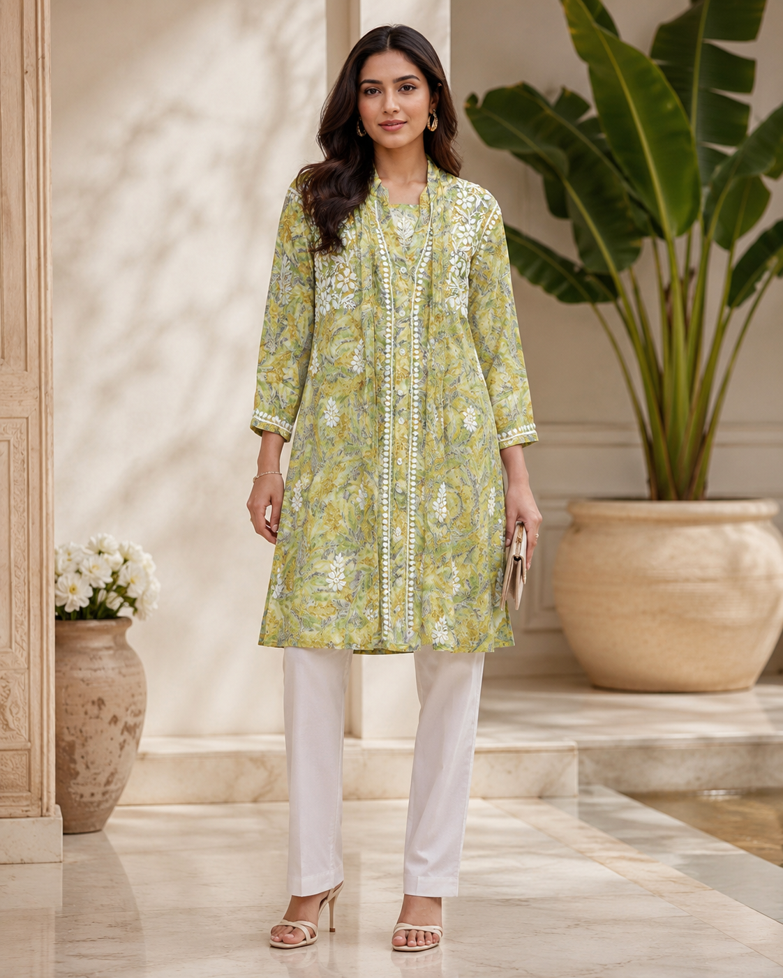 Premium Green Floral Printed Embroidered Kurti for Women