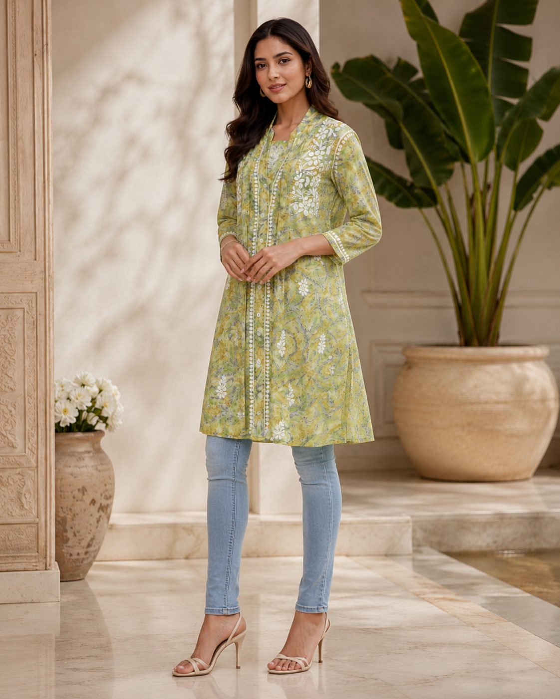 Premium Green Floral Printed Embroidered Kurti for Women