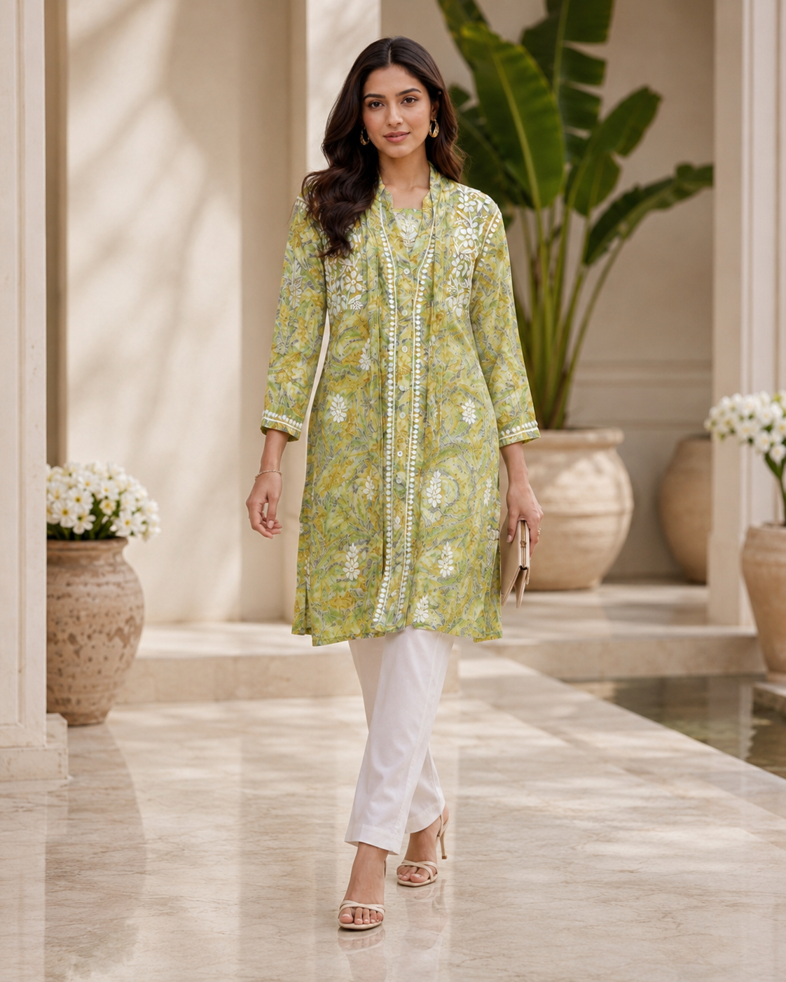 Premium Green Floral Printed Embroidered Kurti for Women