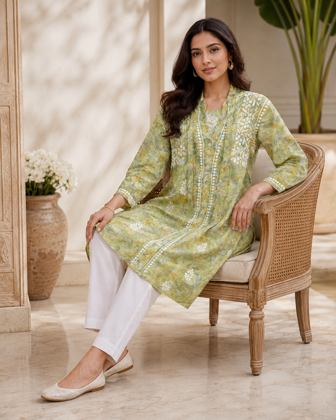 Premium Green Floral Printed Embroidered Kurti for Women