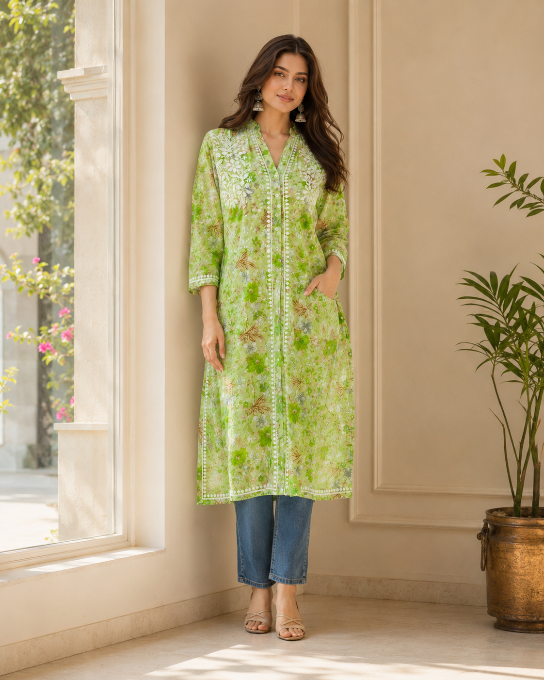 Premium Green Floral Printed Long Kurti with Embroidery & Pockets