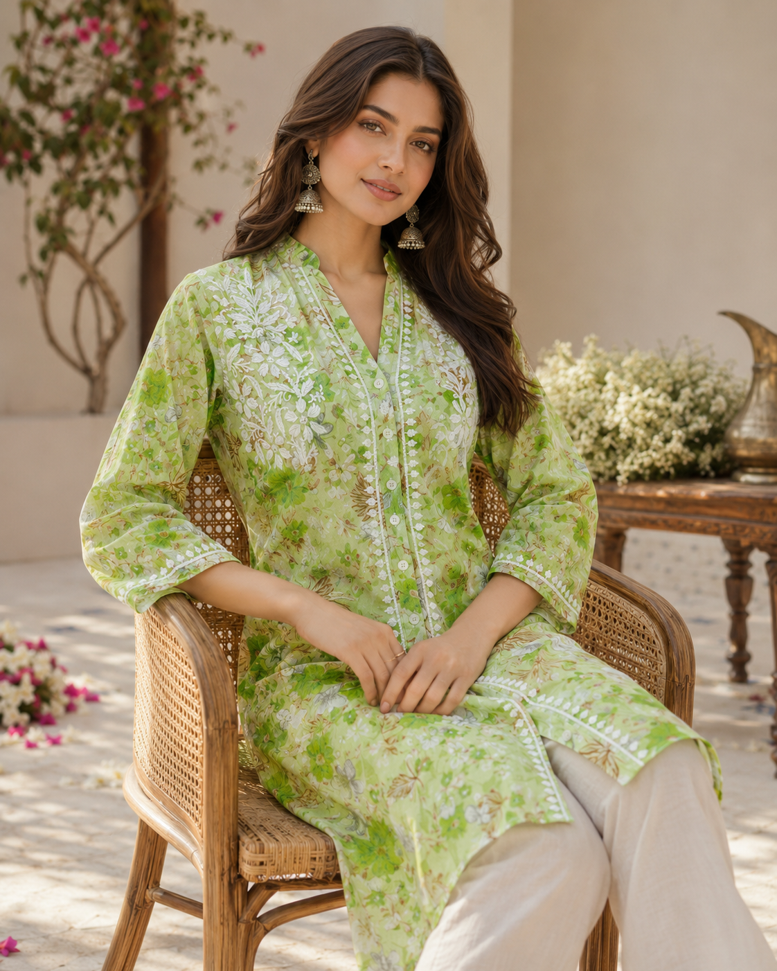 Premium Green Floral Printed Long Kurti with Embroidery & Pockets