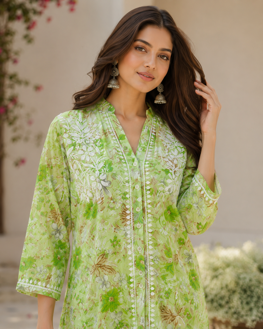 Premium Green Floral Printed Long Kurti with Embroidery & Pockets