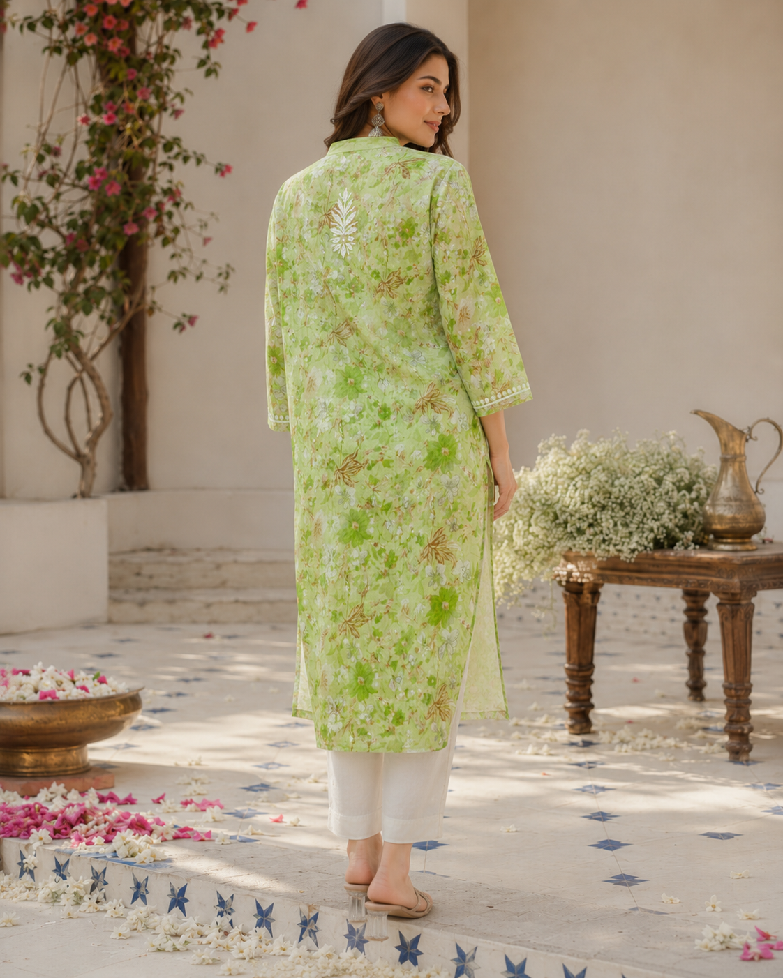 Premium Green Floral Printed Long Kurti with Embroidery & Pockets