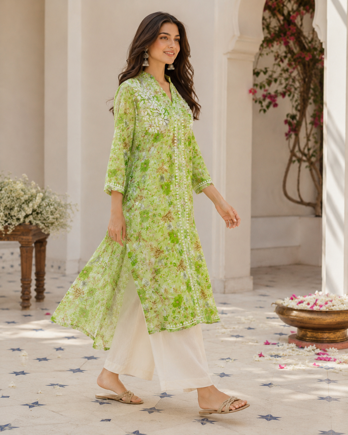Premium Green Floral Printed Long Kurti with Embroidery & Pockets