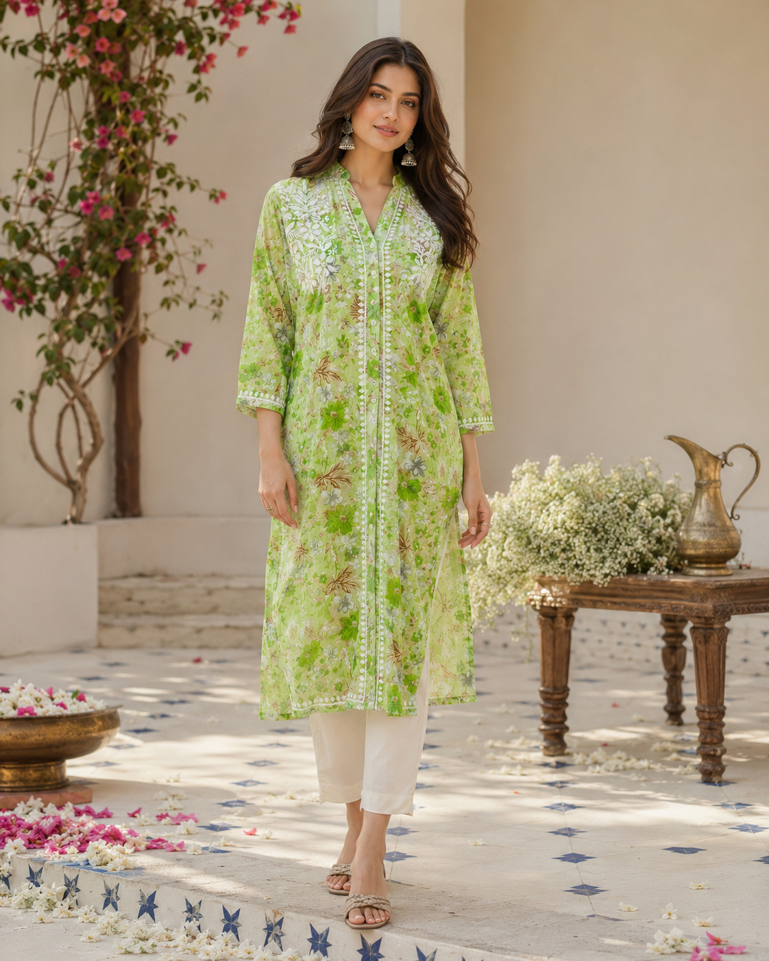 Premium Green Floral Printed Long Kurti with Embroidery & Pockets