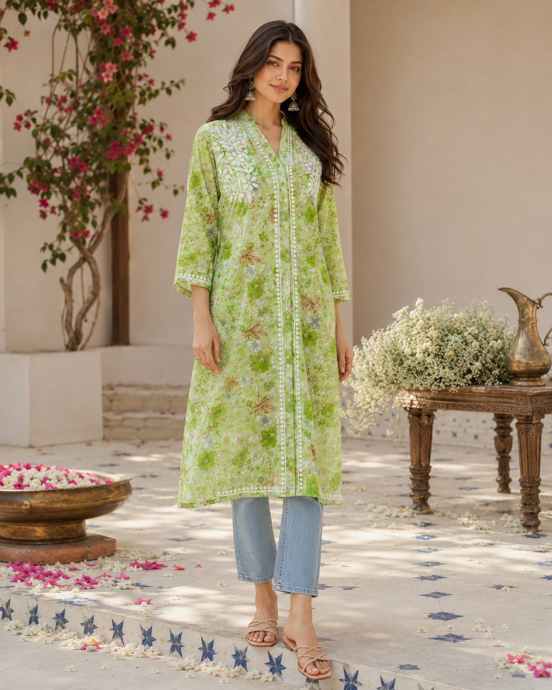 Premium Green Floral Printed Long Kurti with Embroidery & Pockets