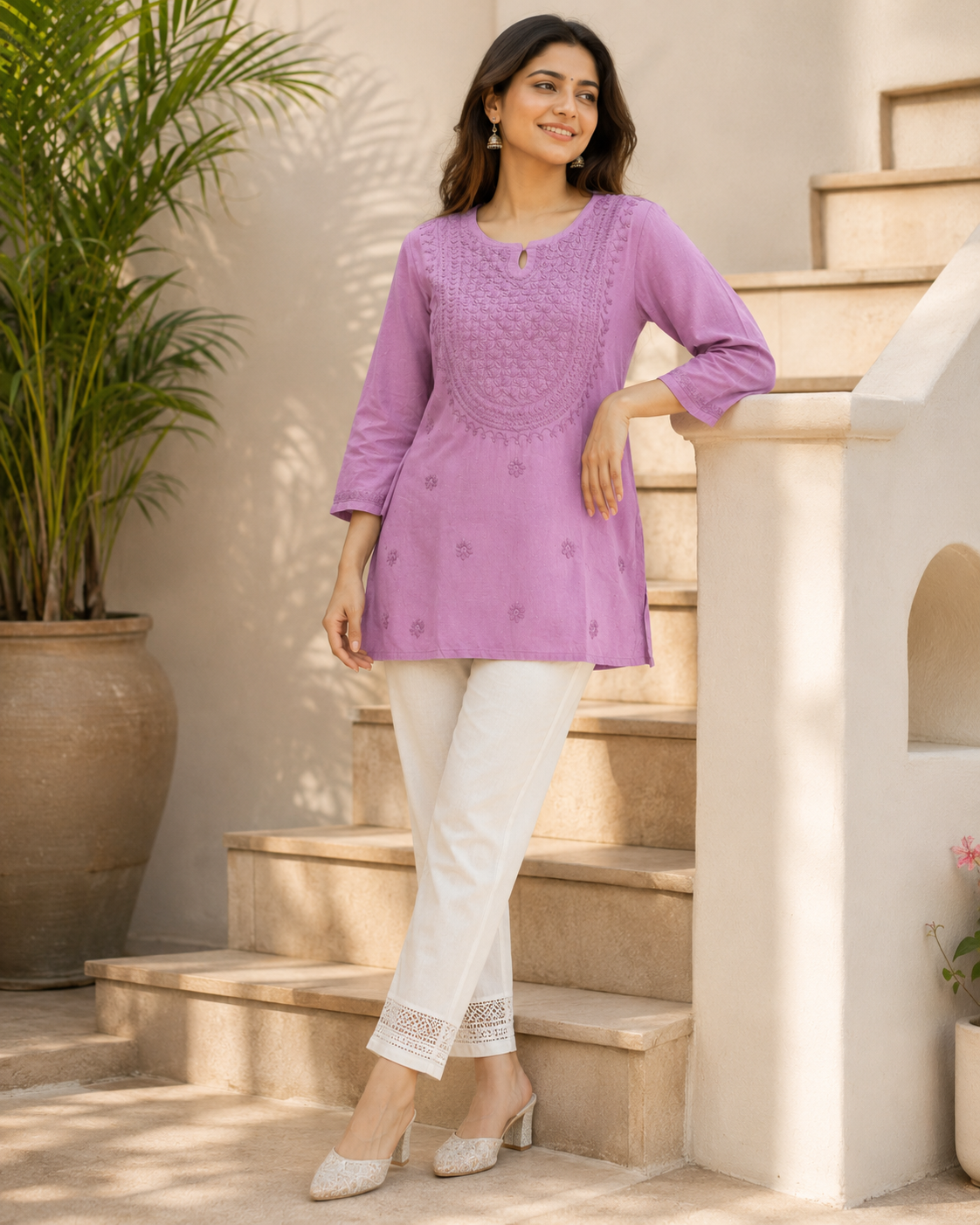 Premium Lavender Rayon Chikankari Short Kurti | 100% Handcrafted